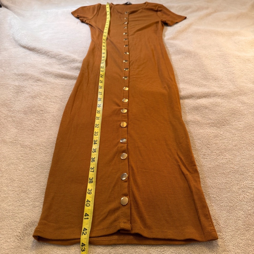 Fashion Nova Rust Ribbed Knit Button Down Short Sleeve Bodycon Midi Dress Sz S - Picture 7 of 12